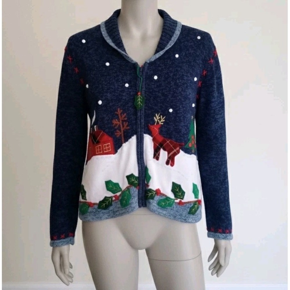 Chadwicks Christmas Sweater Winter Scene Full Zip Embroidered Size Small